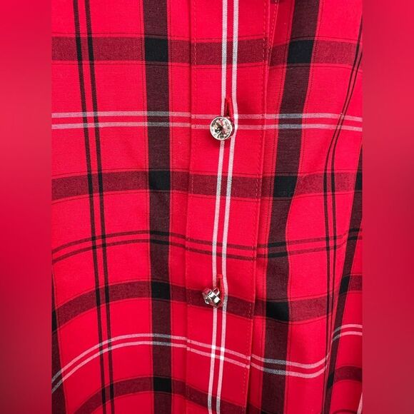 Talbots Red Plaid Perfect Popover Non Iron Bling Button Top Womens 12 - Picture 2 of 9